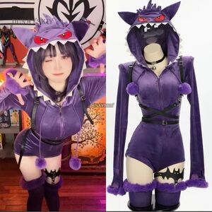 Purple and Black Halloween Costume with Hooded Top and Bell Sleeves